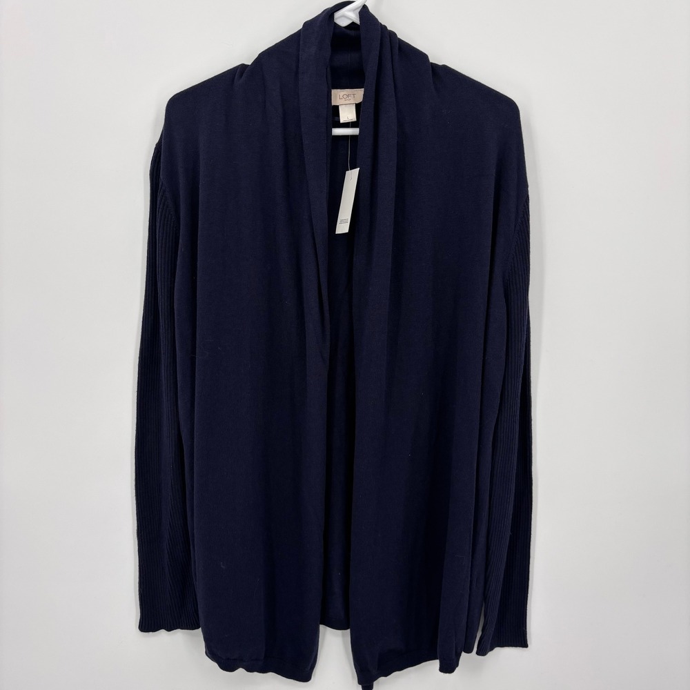 LOFT Cardigan Women Large Navy Blue New Shawl Collar Ribbed Sleeve Open Front
